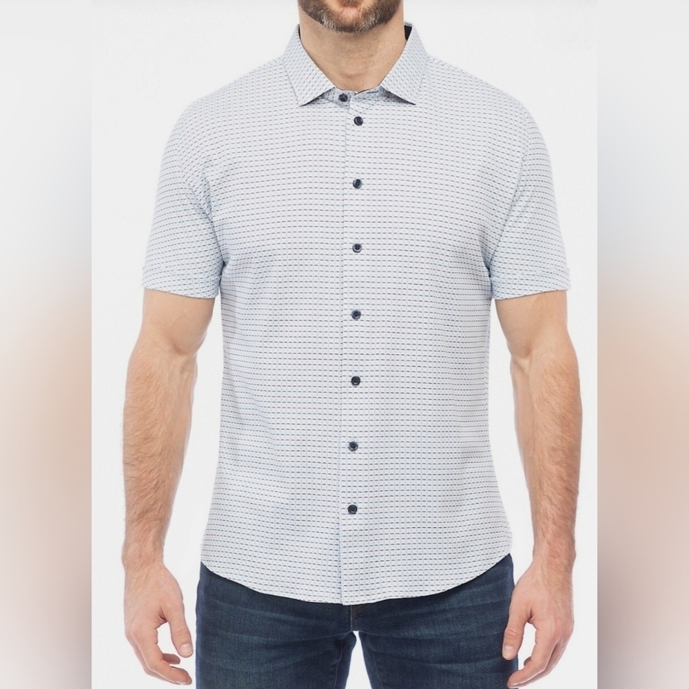Modern English Stretch Button Down Shirt Blue Grid Print Mens Medium